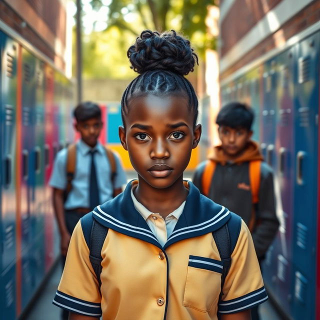 A brave 16-year-old black girl student in a crisp school uniform standing firmly against a group of bullies in a schoolyard