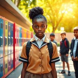 A brave 16-year-old black girl student in a crisp school uniform standing firmly against a group of bullies in a schoolyard