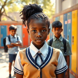 A brave 16-year-old black girl student in a crisp school uniform standing firmly against a group of bullies in a schoolyard