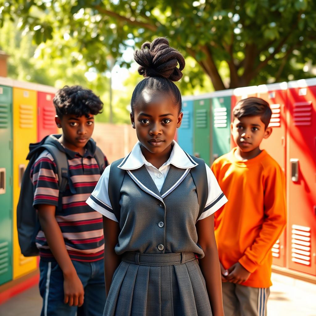 A brave 16-year-old black girl student in a crisp school uniform standing firmly against a group of bullies in a schoolyard