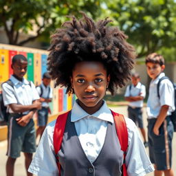 A brave 18-year-old black girl student in a crisp school uniform confronting a group of bullies in a schoolyard