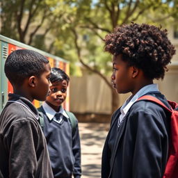 A brave 18-year-old black girl student in a crisp school uniform confronting a group of bullies in a schoolyard