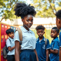 A brave 18-year-old black girl student in a crisp school uniform confronting a group of bullies in a schoolyard