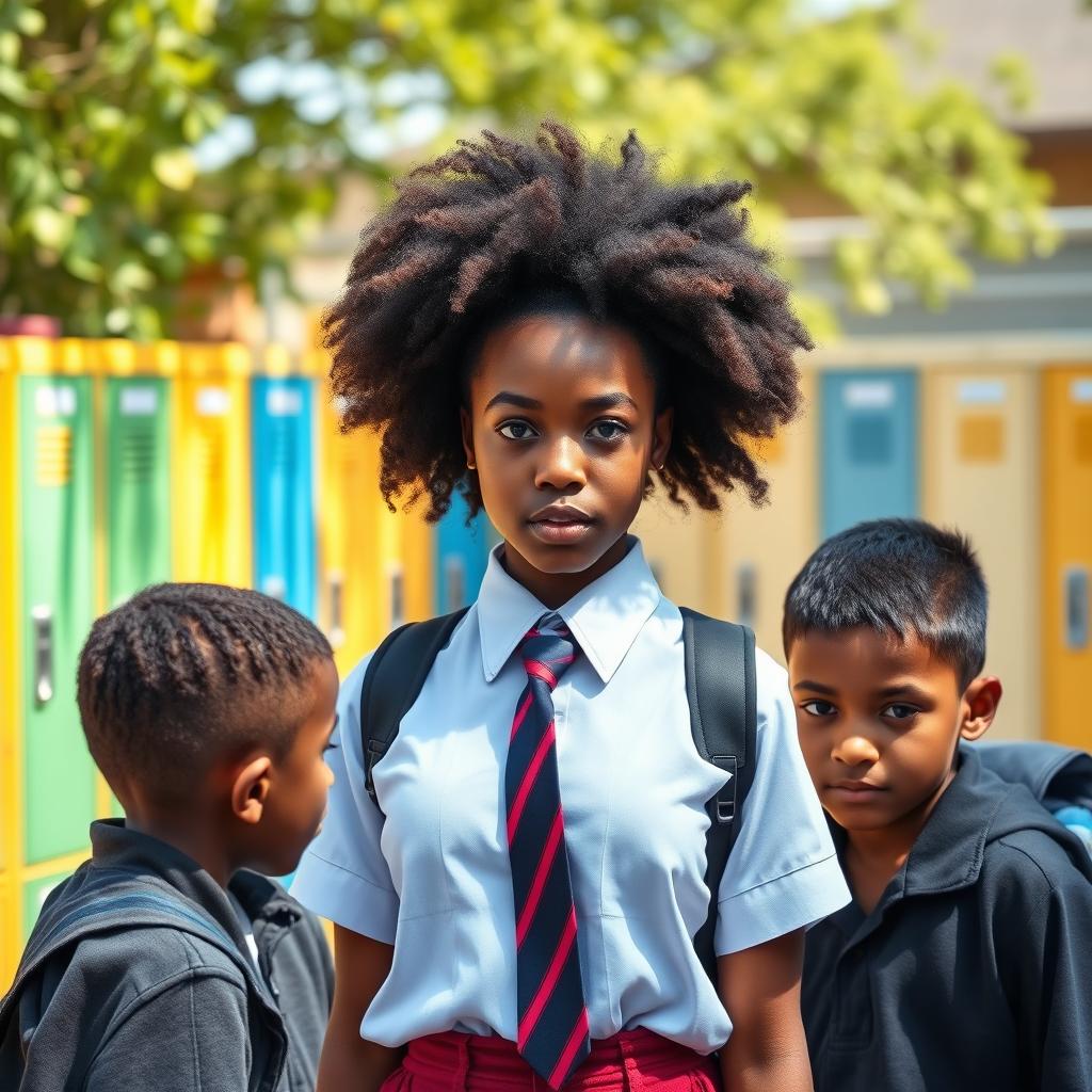 A brave 18-year-old black girl student in a crisp school uniform confronting a group of bullies in a schoolyard