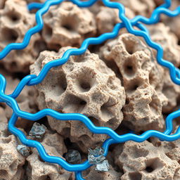 A detailed depiction of bipyramidic stone particles featuring intricate structural porous channels