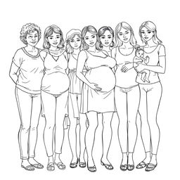 A highly detailed line drawing for a coloring book that portrays a realistic scene of several women and girls standing next to each other