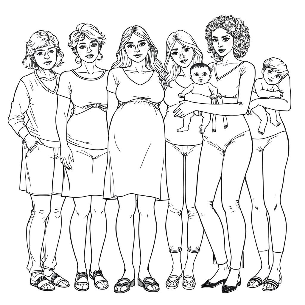 A highly detailed line drawing for a coloring book that portrays a realistic scene of several women and girls standing next to each other