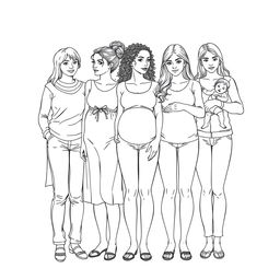 A highly detailed line drawing for a coloring book that portrays a realistic scene of several women and girls standing next to each other