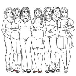 A highly detailed line drawing for a coloring book that portrays a realistic scene of several women and girls standing next to each other