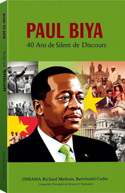 A striking book cover design for 'Paul Biya: 40 Ans de Silence et de Discours', featuring a stylized portrait of Paul Biya
