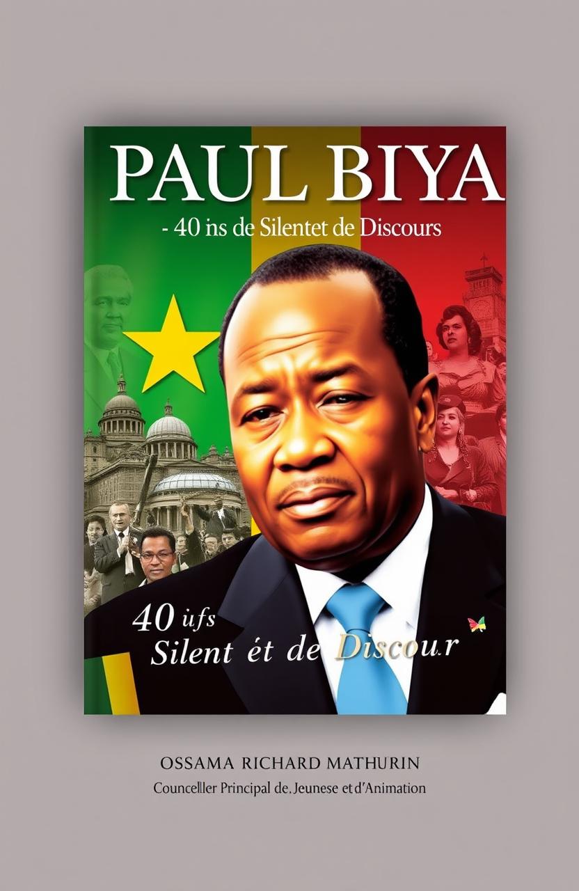 A striking book cover design for 'Paul Biya: 40 Ans de Silence et de Discours', featuring a stylized portrait of Paul Biya