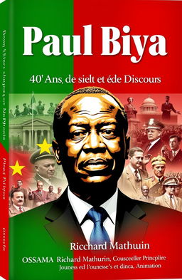 A striking book cover design for 'Paul Biya: 40 Ans de Silence et de Discours', featuring a stylized portrait of Paul Biya