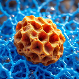 A detailed illustration of bipyramidic hot stone particles exhibiting a porous structure, surrounded by intricate blue polymer chains