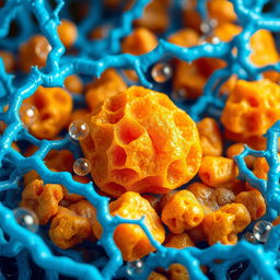 A detailed illustration of bipyramidic hot stone particles exhibiting a porous structure, surrounded by intricate blue polymer chains