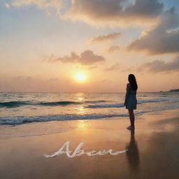 The name 'Abeer' written in clouds at sunset over a beautiful seashore, observed by a lone girl standing near the water's edge and looking up at it.