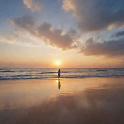 The name 'Abeer' written in clouds at sunset over a beautiful seashore, observed by a lone girl standing near the water's edge and looking up at it.