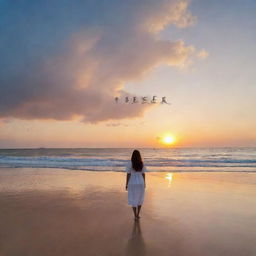 The name 'Abeer' written in clouds at sunset over a beautiful seashore, observed by a lone girl standing near the water's edge and looking up at it.