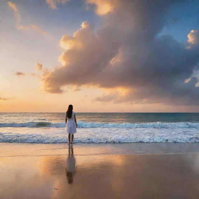 The name 'Abeer' written in clouds at sunset over a beautiful seashore, observed by a lone girl standing near the water's edge and looking up at it.