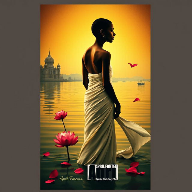 A rectangular book cover back featuring the silhouette of a slender woman with a tonsured head, dressed in a flowing white sari with her bare shoulders exposed