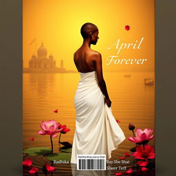 A rectangular book cover back featuring the silhouette of a slender woman with a tonsured head, dressed in a flowing white sari with her bare shoulders exposed