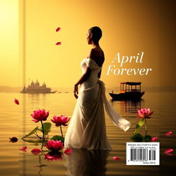 A rectangular book cover back featuring the silhouette of a slender woman with a tonsured head, dressed in a flowing white sari with her bare shoulders exposed