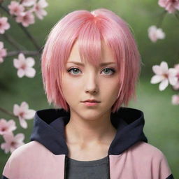 A compelling portrayal of Sakura Uchiha from Naruto series, showing her with short pink hair, green eyes and everyday attire from her adult life, embodying her strength and compassion.