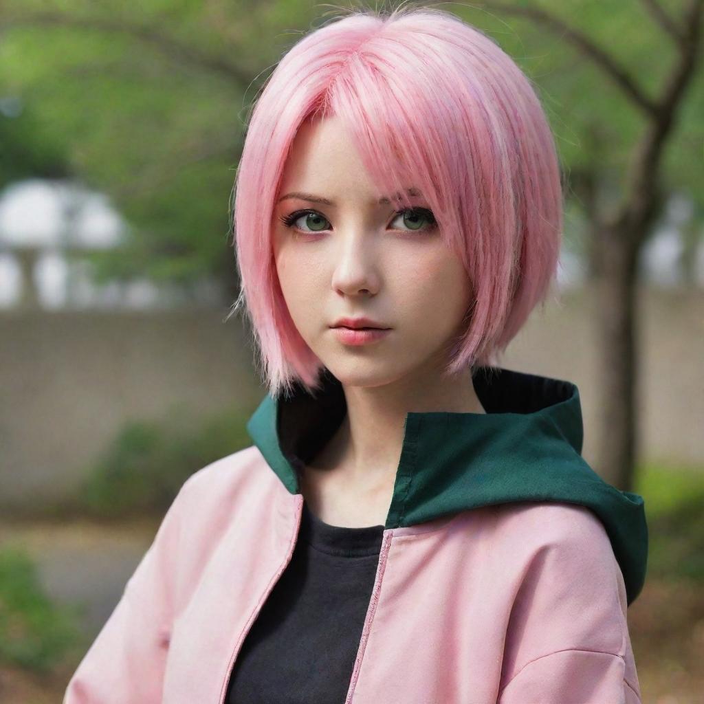 A compelling portrayal of Sakura Uchiha from Naruto series, showing her with short pink hair, green eyes and everyday attire from her adult life, embodying her strength and compassion.