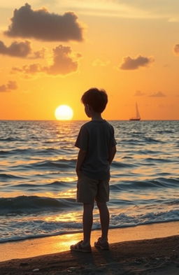 A poignant scene depicting a young boy standing alone on a shoreline, gazing out at a vast, empty ocean