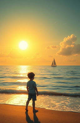 A poignant scene depicting a young boy standing alone on a shoreline, gazing out at a vast, empty ocean