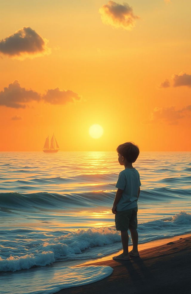 A poignant scene depicting a young boy standing alone on a shoreline, gazing out at a vast, empty ocean