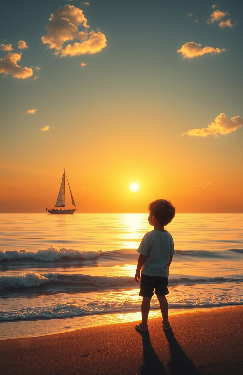 A poignant scene depicting a young boy standing alone on a shoreline, gazing out at a vast, empty ocean