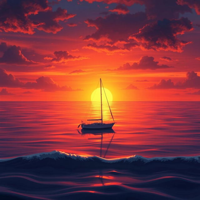 A vivid animation scene showcasing a sailboat drifting aimlessly in the ocean without sails during a stunning sunset