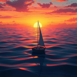 A vivid animation scene showcasing a sailboat drifting aimlessly in the ocean without sails during a stunning sunset