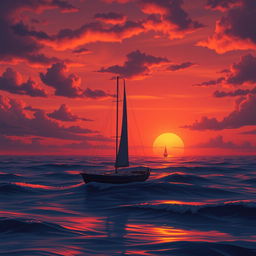 A vivid animation scene showcasing a sailboat drifting aimlessly in the ocean without sails during a stunning sunset