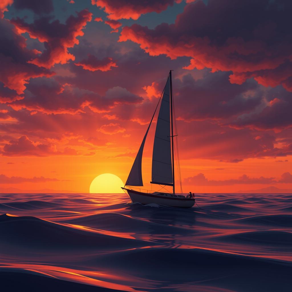 A vivid animation scene showcasing a sailboat drifting aimlessly in the ocean without sails during a stunning sunset