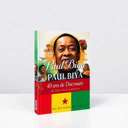 A captivating book cover design for "Paul Biya: 40 Ans de Discours" featuring a powerful and artistic representation of Paul Biya, the President of Cameroon