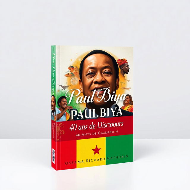 A captivating book cover design for "Paul Biya: 40 Ans de Discours" featuring a powerful and artistic representation of Paul Biya, the President of Cameroon