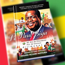 A captivating book cover design for "Paul Biya: 40 Ans de Discours" featuring a powerful and artistic representation of Paul Biya, the President of Cameroon