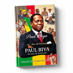 A captivating book cover design for "Paul Biya: 40 Ans de Discours" featuring a powerful and artistic representation of Paul Biya, the President of Cameroon
