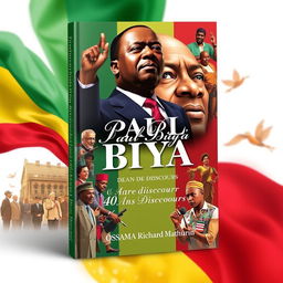 A captivating book cover design for "Paul Biya: 40 Ans de Discours" featuring a powerful and artistic representation of Paul Biya, the President of Cameroon