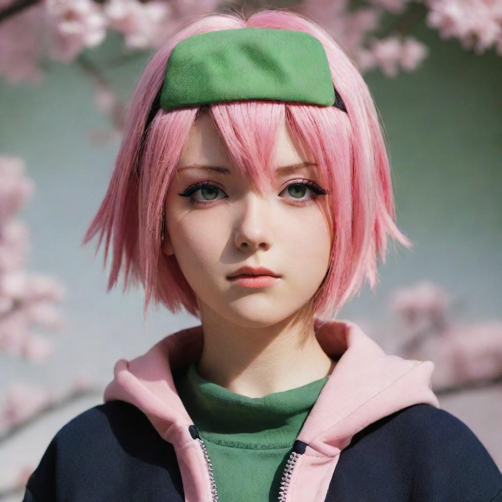 A compelling portrayal of Sakura Uchiha from Naruto series, showing her with short pink hair, green eyes and everyday attire from her adult life, embodying her strength and compassion.