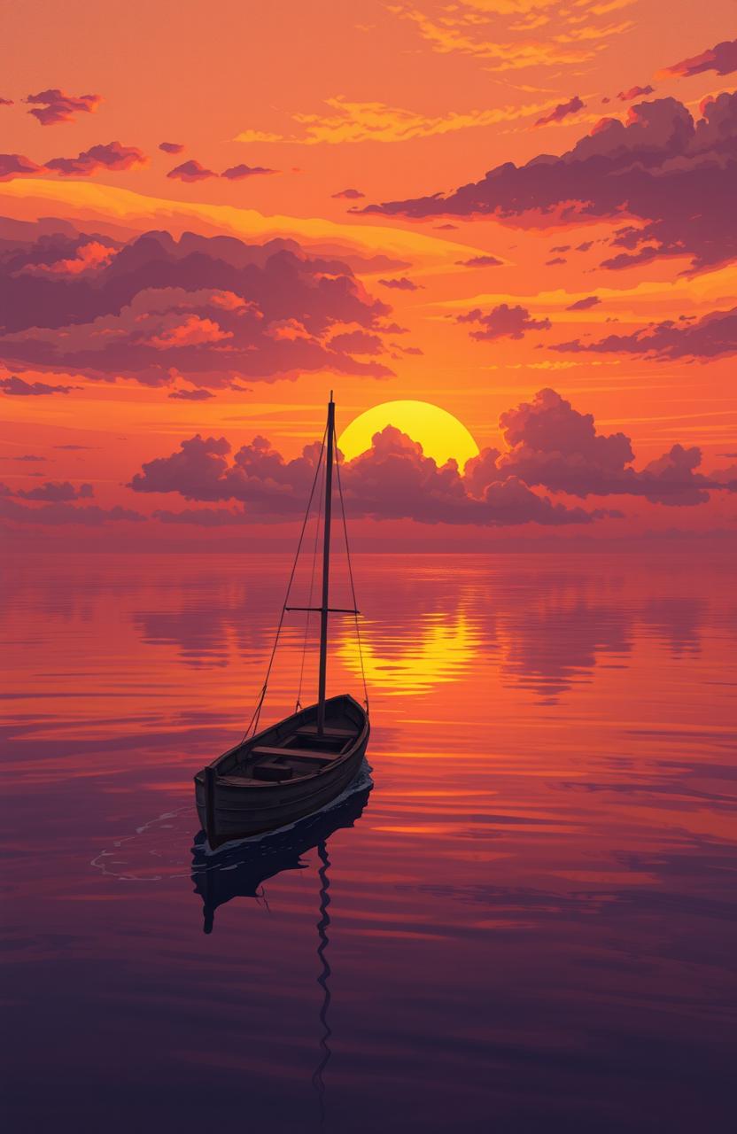 A DreamWorks style illustration of a boat without sails, drifting slowly on a still sea