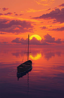 A DreamWorks style illustration of a boat without sails, drifting slowly on a still sea