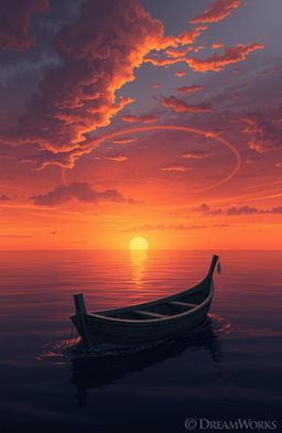 A DreamWorks style illustration of a boat without sails, drifting slowly on a still sea