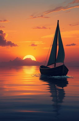 A DreamWorks style illustration of a boat without sails, drifting slowly on a still sea