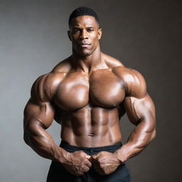 An extremely muscular man with well-defined abs, large biceps and broad shoulders, posing with confidence.