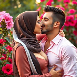 A romantic scene featuring a woman wearing a beautiful hijab, showcasing her big breasts, kissing a handsome and sexy man