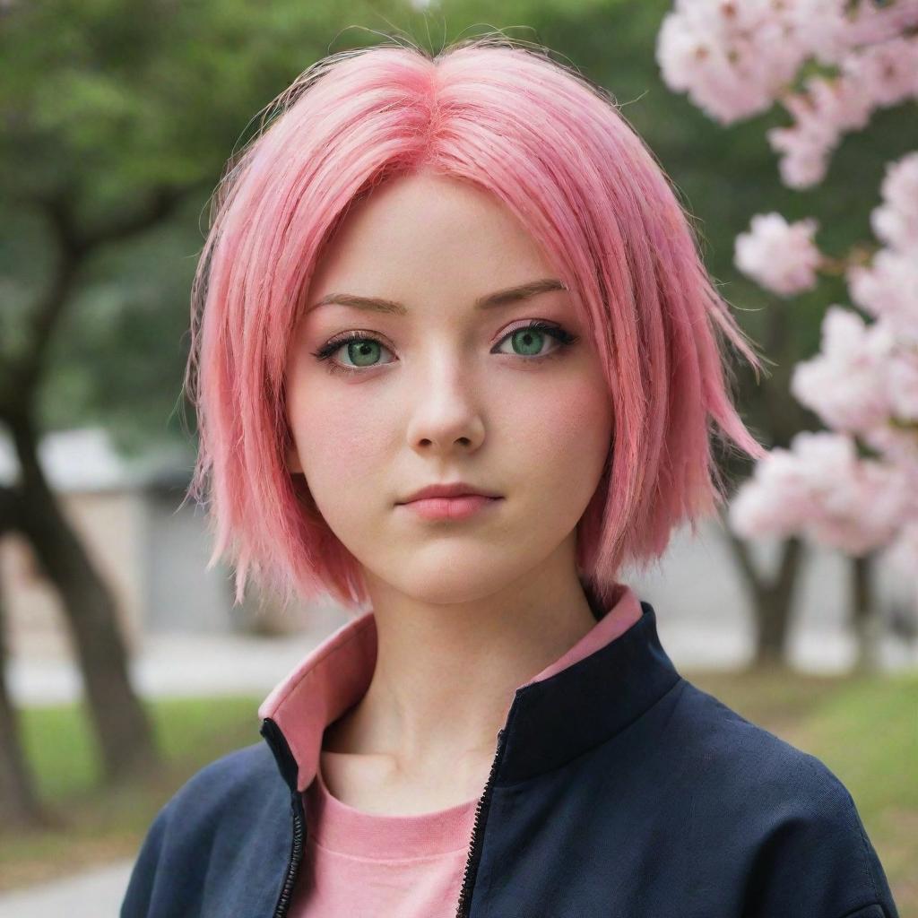 A compelling portrayal of Sakura Uchiha from Naruto series, showing her with short pink hair, green eyes and everyday attire from her adult life, embodying her strength and compassion.