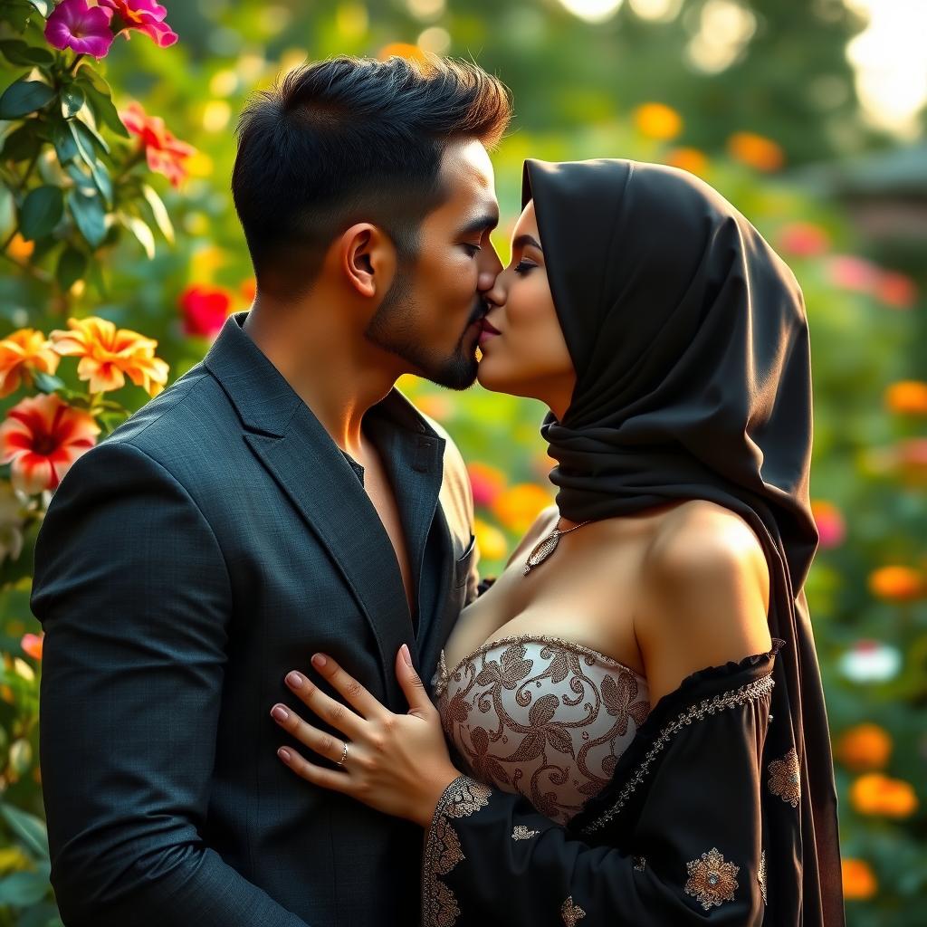 A romantic scene featuring a woman wearing a beautiful hijab, showcasing her big breasts, kissing a handsome and sexy man