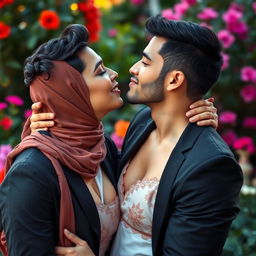 A romantic scene featuring a woman wearing a beautiful hijab, showcasing her big breasts, kissing a handsome and sexy man